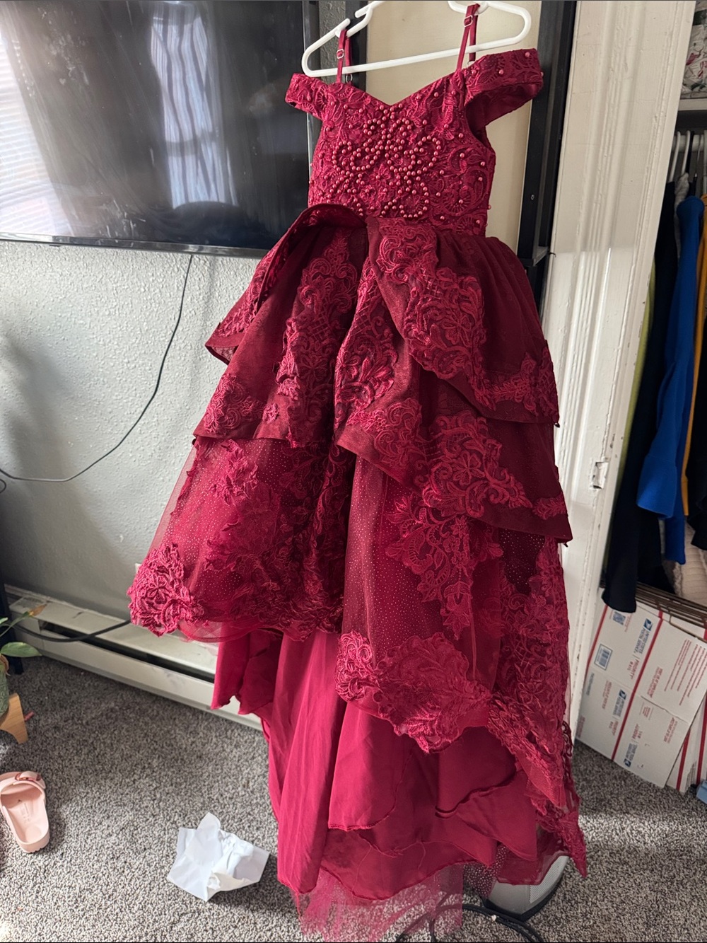 Girls' Burgundy Lace Tiered Party Dress